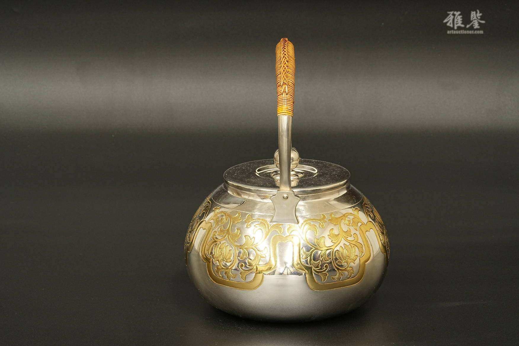 纯银 净益造 唐草纹银壶